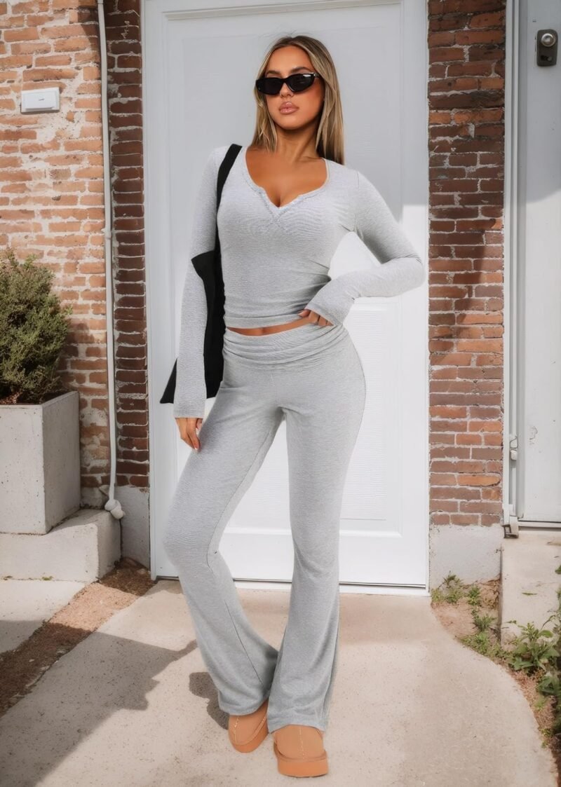 FAIRY SEASON Womens 2 Piece Lounge Sets Slim Fit V Neck Long Sleeve Top Fold Over Yoga Flare Pants Pajamas Loungewear Outfits - Image 4