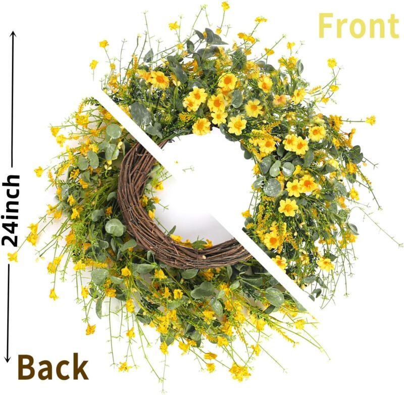 Sggvecsy Yellow Daisy Wreath 24 Inch Spring Summer Wreath Fake Silk Floral Wreath with Green Eucalyptus Leaves and Lavender for Front Door Window Wall Wedding Farmhouse Festival Decor - Image 6