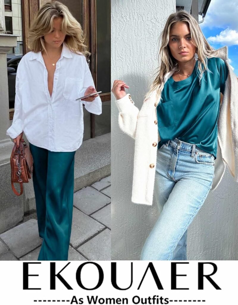 Ekouaer Womens Satin Silky Pajama Set Short Sleeve Shirt with Long Pajama Pant Set Soft PJ Loungewear - Image 5