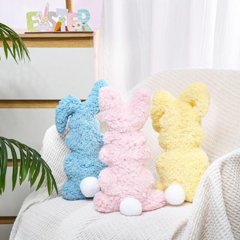 3 Pcs Easter Buuny Throw Pillows, 11.8 Inch Soft Rabbit Shaped Pillow Cushion Plush Happy Easter Decorative Pillow for Couch Bed (Pink, Yellow, Blue) - Image 6