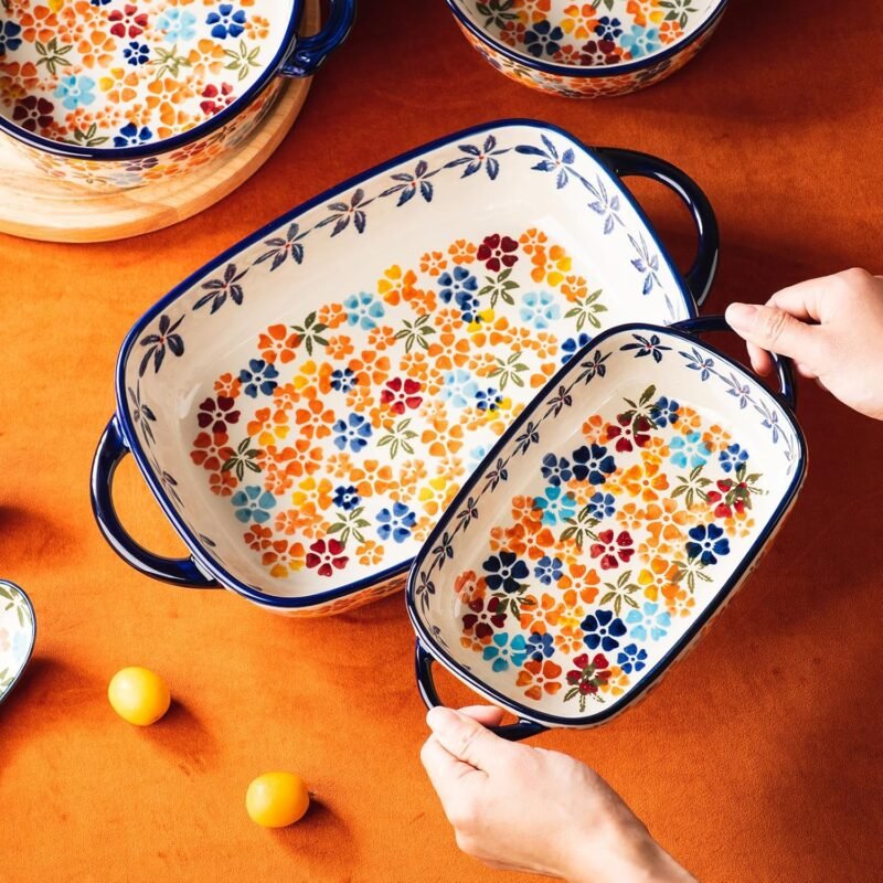 Retro pastoral style Ceramic Baking Dish Rectangular Bakeware Set Baking Pan, 2-piece Hand-painted Porcelain Baking pan with handle, Casserole Dish for Oven/Cooking/Kitchen (Colorful Flower) - Image 6