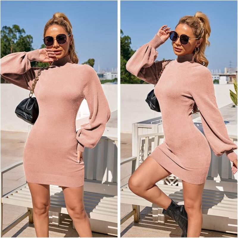 EXLURA Women's 2025 Mock Neck Ribbed Long Sleeve Bodycon Pullover Cute Mini Sweater Dress - Image 5