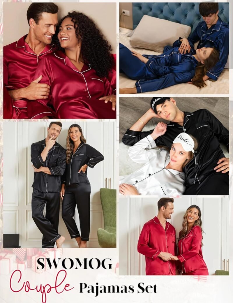 SWOMOG Couple Matching Pajamas Set Silk Satin Button Down Sleepwear Long Sleeve Nightwear 2 Pcs Pj Set - Image 5
