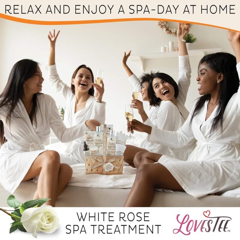 Valentines Day Bath & Body Spa Gift Basket for Women, Best Gift for Mother's Day & Birthday, White Rose Set Body Lotion, Shower Gel, Bubble Bath, Bath Salt, Towel, Soap, Oil, Candle, Gloves, - Image 3