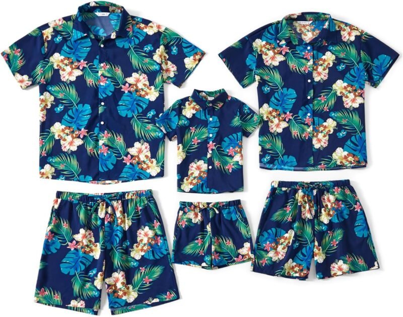 PATPAT Family Matching Outfits Hawaiian Dad and Me Beach Tropical Plant Allover Flower Print Shirt and Shorts Set