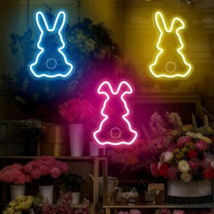 Treela 3 Pcs Easter Neon Sign Bunny Rabbit Lamp Window Lights Bunny Neon LED Lights for Wall Decor Bedroom Bar Party Easter Decor Kid Gift