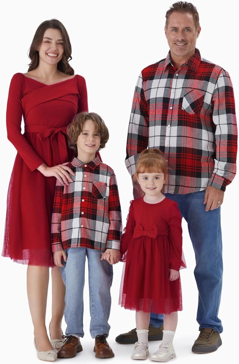 PATPAT Family Matching Outfits Set Mommy and Me Dresses Off Shoulder Midi Dress Dad and Boy Plaid Button Down Shirts - Image 2