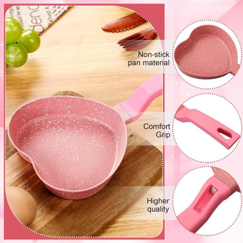 Tioncy Heart-shaped Pancake Pan, Nonstick Mini Frying Pan, Frying Griddle Shaper, Multi-functional Frying Skillet with Granite Coating for Eggs, Pancakes, Grilled Cheese, Sausages and Burgers, Pink - Image 3