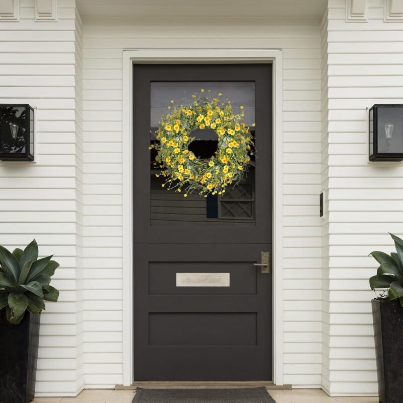 Sggvecsy Yellow Daisy Wreath 24 Inch Spring Summer Wreath Fake Silk Floral Wreath with Green Eucalyptus Leaves and Lavender for Front Door Window Wall Wedding Farmhouse Festival Decor - Image 3
