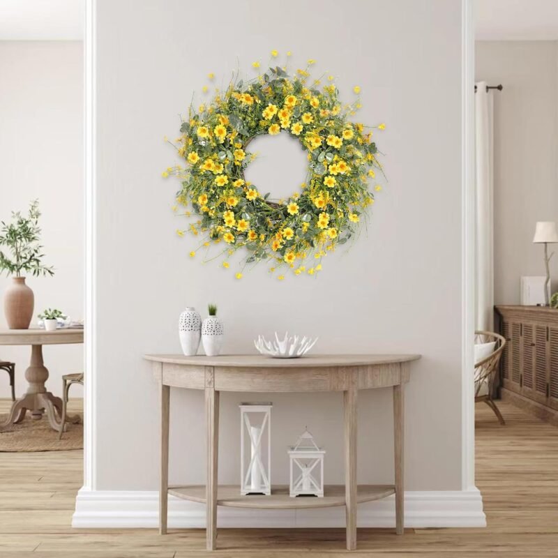 Sggvecsy Yellow Daisy Wreath 24 Inch Spring Summer Wreath Fake Silk Floral Wreath with Green Eucalyptus Leaves and Lavender for Front Door Window Wall Wedding Farmhouse Festival Decor - Image 4