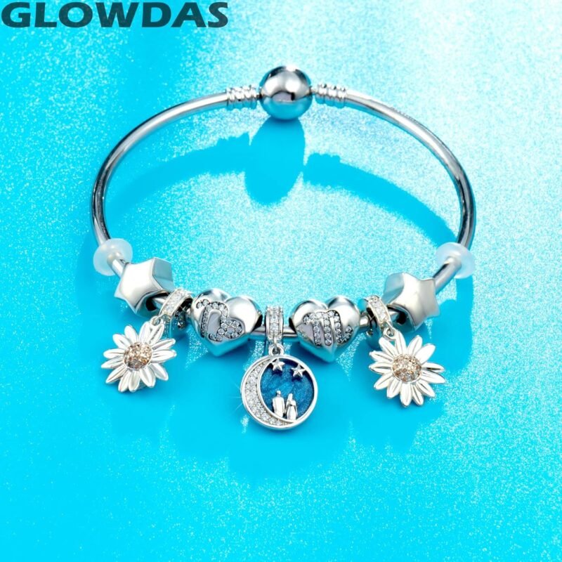 Couple Lover Under Night Sky Crescent Moon Stars Charms, fits Pandora Valentines Day Bracelet, Sterling Silver Blue Enamel Pendant Beads, Gifts for Wife/Couple - Image 5