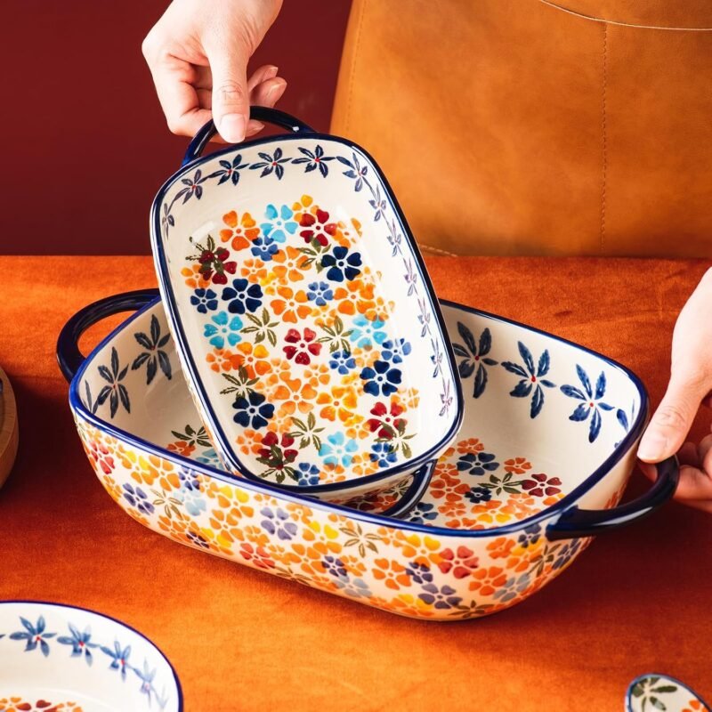 Retro pastoral style Ceramic Baking Dish Rectangular Bakeware Set Baking Pan, 2-piece Hand-painted Porcelain Baking pan with handle, Casserole Dish for Oven/Cooking/Kitchen (Colorful Flower) - Image 4