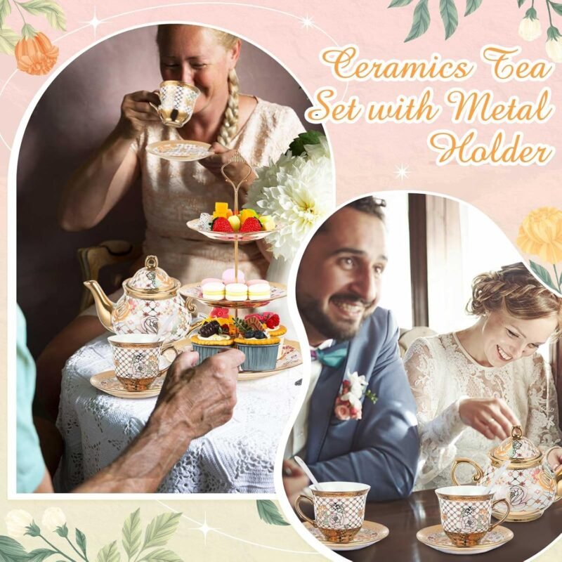 Maxcheck 21 Pcs Tea Party Set for Adults European Floral Tea Set with Metal Holder and 3 Tier Ceramic Cake Stand Porcelain Flower Cup Teapot for Dessert Cupcake(Stylish Style) - Image 5