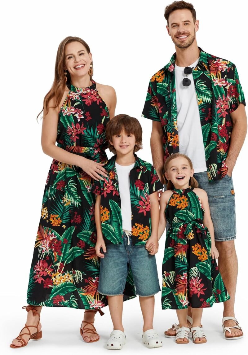 PATPAT Family Hawaiian Matching Outfits Mommy and Me Outfits Caribbean Vacation Summer Tropical Halter Sundresses and Shirts