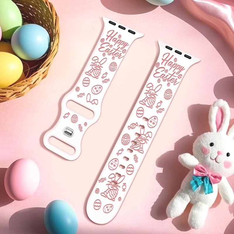wipalor Easter Rabbit Eggs Band for Apple Watch Bands for Women 42mm(Series 10) 41mm 40mm 38mm, Cute Soft Silicone Bunny iWatch Bands for iPhone Watch Bands Series 10 9 8 7 6 5 4 3 2 1 SE-White/Pink - Image 3