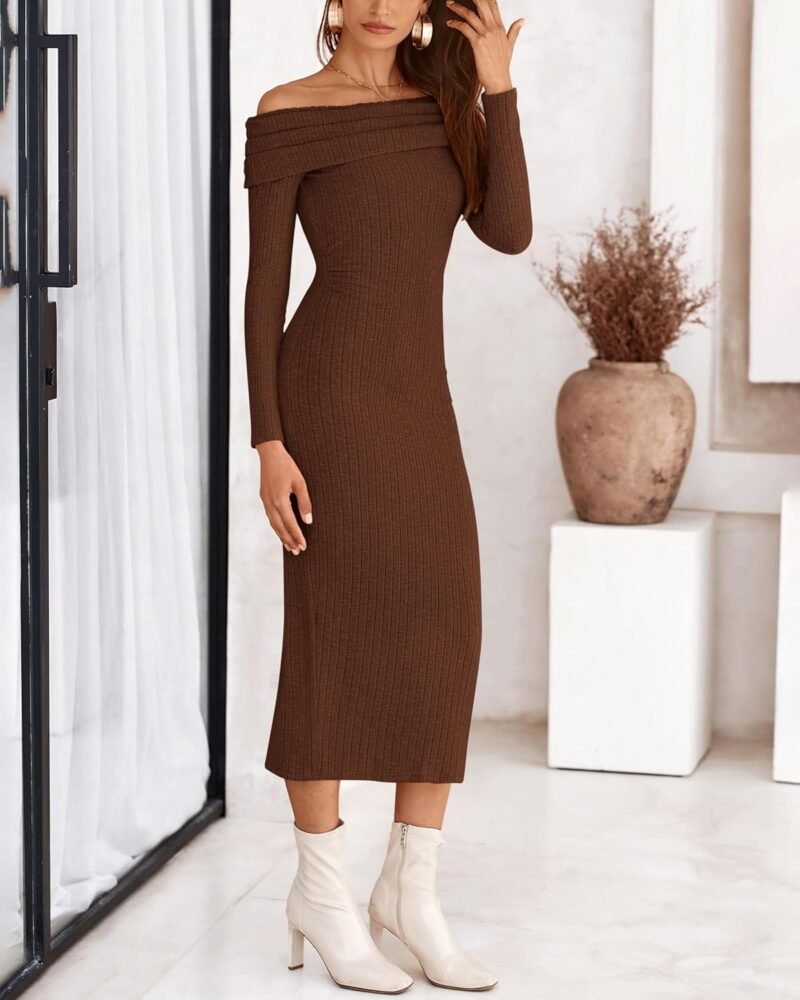 PRETTYGARDEN Women's Fall Dresses 2025 Sexy Off Shoulder Long Sleeve Bodycon Ribbed Knit Club Wedding Pencil Midi Dress - Image 8