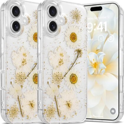 Floral Case for iPhone 16 Clear Case with Real Dried Flower Patterns, Glitter Cute Flowers Design for Women Girls Slim Soft Edge Shockproof Phone Cover for iPhone 16 6.1" (Daisy)