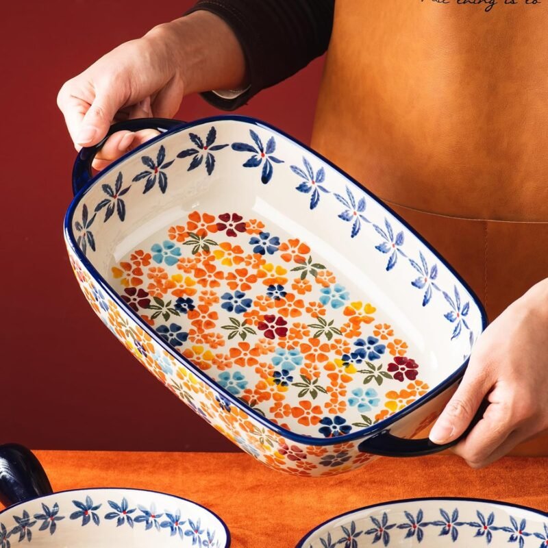 Retro pastoral style Ceramic Baking Dish Rectangular Bakeware Set Baking Pan, 2-piece Hand-painted Porcelain Baking pan with handle, Casserole Dish for Oven/Cooking/Kitchen (Colorful Flower) - Image 9