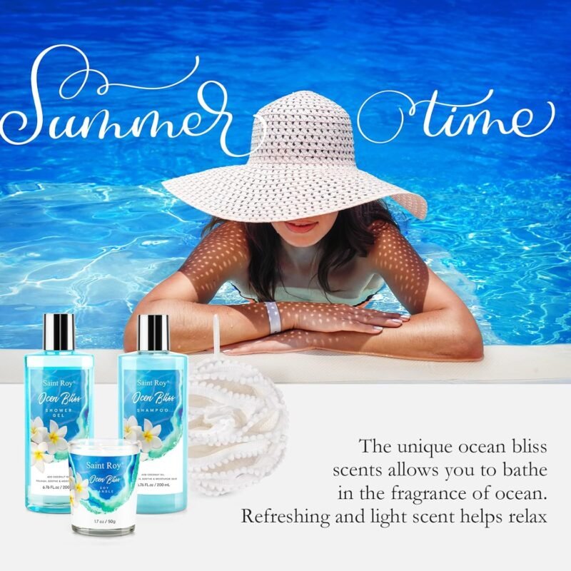 Christmas Gift Bakset for Women, Birthday Gifts for Women, Luxury Home Spa Kit, 8pcs Bath Gift Set Ocean & Vanilla, Gift Baskets for Women Unique with Bath Bombs - Image 4