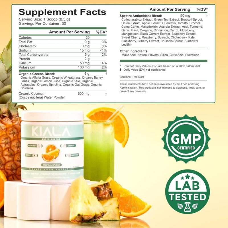 Kiala Nutrition Super Greens, Organic Greens Powder with Spirulina & Chlorella for Digestion, Gut Health, Immunity & Energy, Gluten Free, Vegan, Daily Support for Women, Tropical Splash, 30 Servings - Image 5