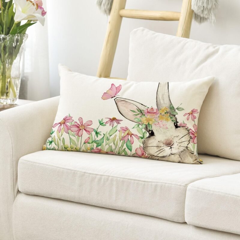 AVOIN colorlife Easter Floral Garland Bunny Throw Pillow Cover, 12 x 20 Inch Spring Rabbit Holiday Cushion Case Decoration for Sofa Couch - Image 5