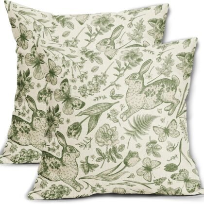 Spring Green Pillow Covers 18x18 Inch Set of 2 Rabbit Bunny Floral Leaf Butterfly Botanical Plants Print Decorative Throw Pillows Easter Seasonal Pillow Cases Couch Bed Sofa Decor