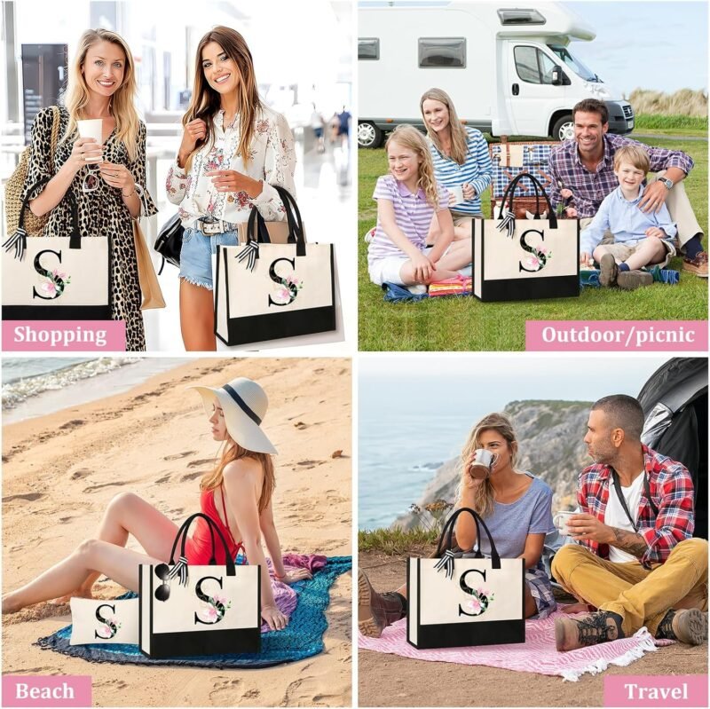 AYGE Personalized Initial Canvas Beach Bag Cosmetic Bags, Monogrammed Gifts for Women, Tote Bag, Makeup Bag, Birthday Gifts for Sister Mom Teacher Bridesmaid (S) - Image 4