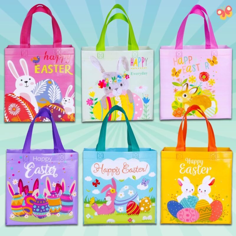 Happy Easter Egg Hunt Bags Bunny Carrot Chick Gift Bags with Handles, Treat Bags, Reusable Non-Woven Easter Bags for Gifts Wrapping, Party Supplies, Easter Basket Container, 9.1×8.7×4.5inch, 6-Piece - Image 3