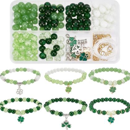SUNNYCLUE 1 Box DIY 6Pcs St Patrick Charms Beading Bracelets Making Kit Four Leaf Clover Charm Irish Shamrock Charm Lucky Green Beads St Patricks Day Charms for Jewelry Making Kits Adult Women Craft