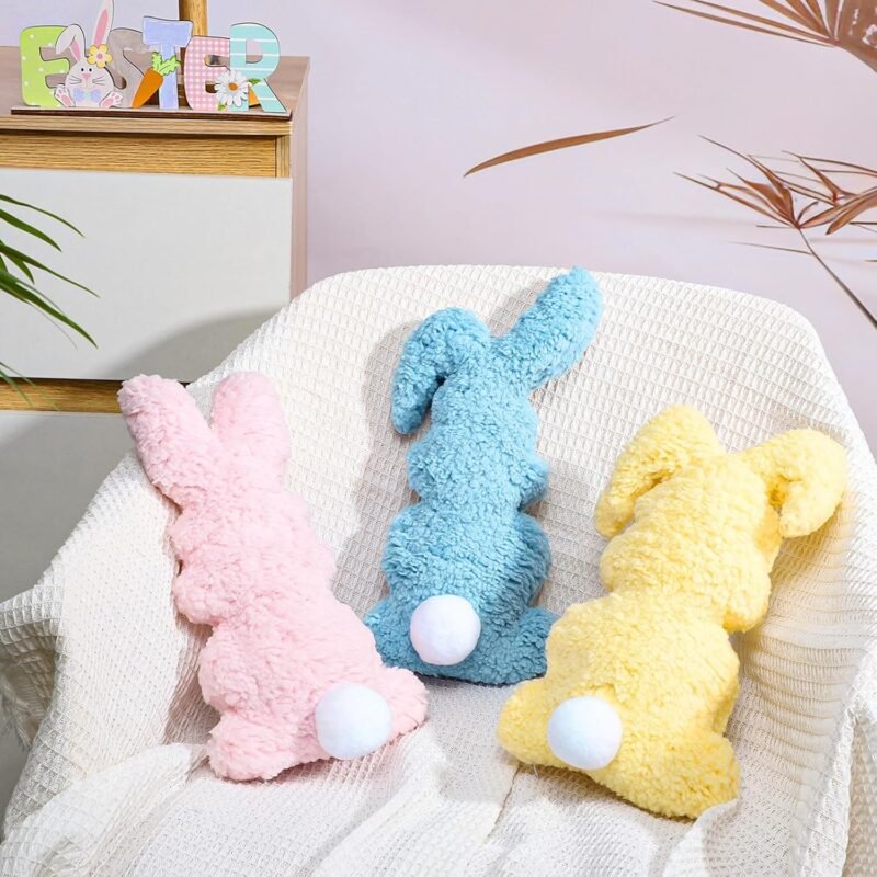 3 Pcs Easter Buuny Throw Pillows, 11.8 Inch Soft Rabbit Shaped Pillow Cushion Plush Happy Easter Decorative Pillow for Couch Bed (Pink, Yellow, Blue)