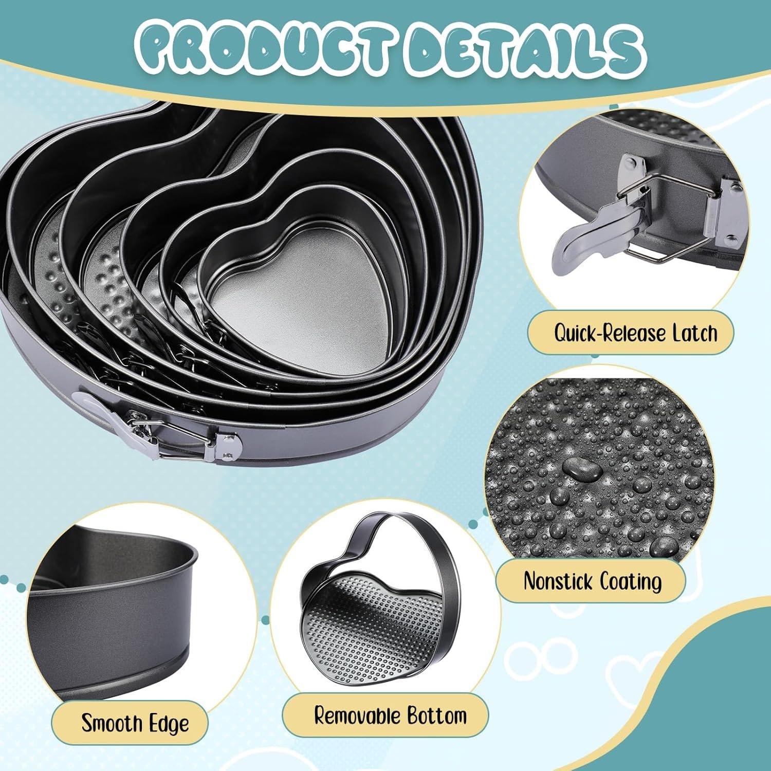 Zhehao 6 Pcs Heart Shape Cake Pans Valentine's Day Heart Cake Mold 6 Cheesecake Molds Diverse Sizes Nonstick Springform Pan Set Leakproof Deep Pans for Valentine's Day Family Couples Spouses - Image 5