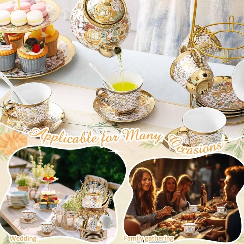 Maxcheck 21 Pcs Tea Party Set for Adults European Floral Tea Set with Metal Holder and 3 Tier Ceramic Cake Stand Porcelain Flower Cup Teapot for Dessert Cupcake(Stylish Style) - Image 3
