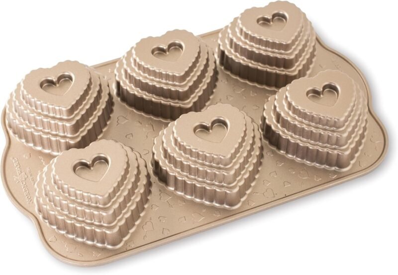 Nordic Ware Cast Bundt Bakeware Tiered Heart Cakelets Toffee, 3-Cup
