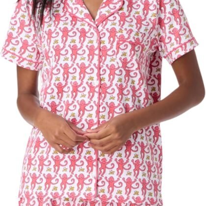 Womens Pajamas Set, 2PCS Button Down Vacation Monkey Beach Shorts Set Y2k Loungewear Pjs for Birthday Valentines Gift