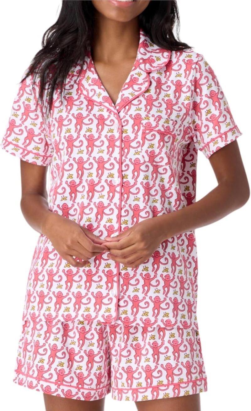 Womens Pajamas Set, 2PCS Button Down Vacation Monkey Beach Shorts Set Y2k Loungewear Pjs for Birthday Valentines Gift