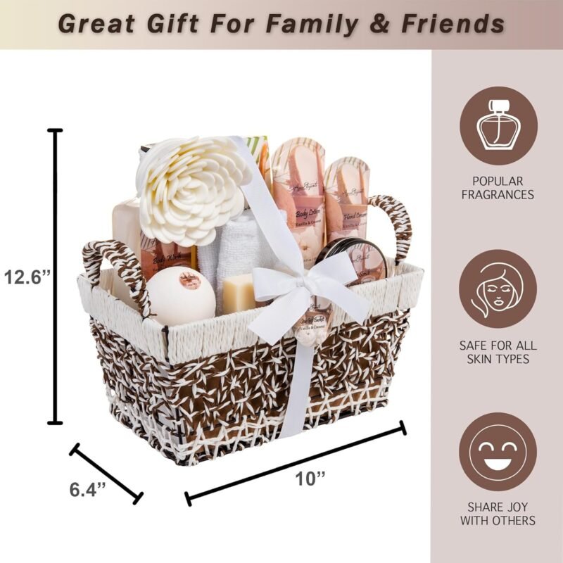 Spa Baskets For Women - Luxury Bath Set With Coconut & Vanilla - Spa Kit Includes Wash, Bubble Bath, Lotion, Bath Salts, Body Scrub, Hand Cream, Shower Puff, Bathbombs, Soap and Towel - Image 4