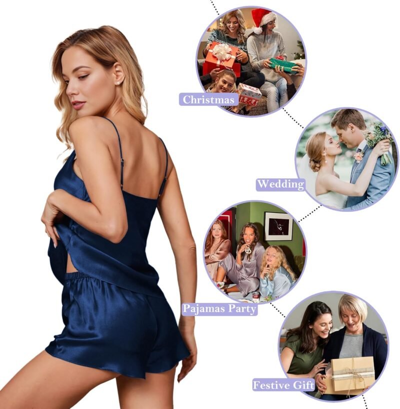 SIIK 100% Mulberry Silk Pajamas Set for Women Sleepwear Lingerie Camisole Top and Shorts Pjs, Dark Blue 2 Piece - Image 6