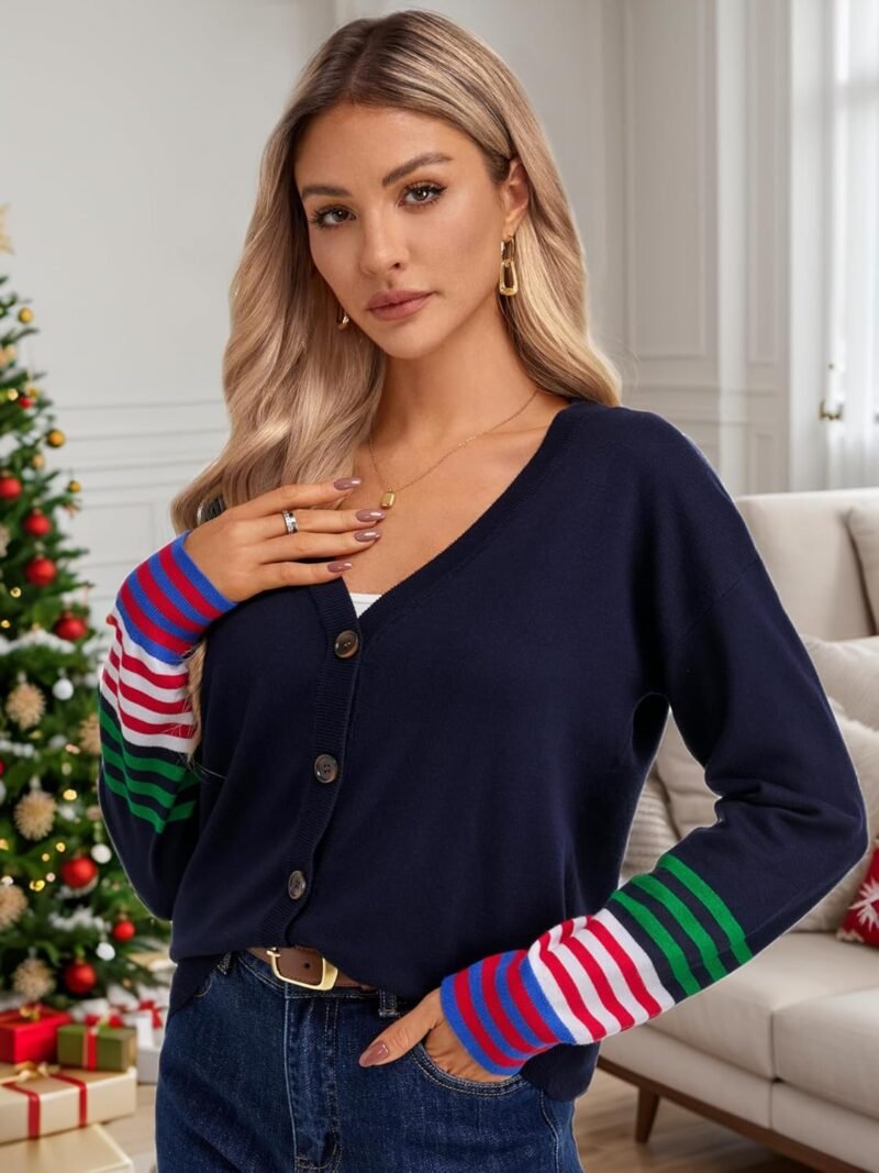 FAIRY SEASON Women's V Neck Button Down Cardigan Sweaters Long Sleeve Color Block Striped Open Front Casual Knit Soft Outwear - Image 2