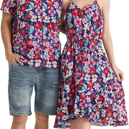 PATPAT Matching Hawaiian Outfits for Couples Beach Vacation Tropical Print Women Spaghetti Strap Dress, Men Cruise Shirt
