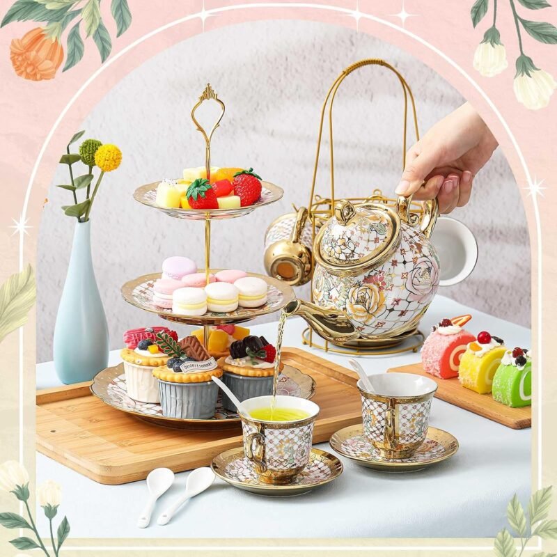 Maxcheck 21 Pcs Tea Party Set for Adults European Floral Tea Set with Metal Holder and 3 Tier Ceramic Cake Stand Porcelain Flower Cup Teapot for Dessert Cupcake(Stylish Style) - Image 6