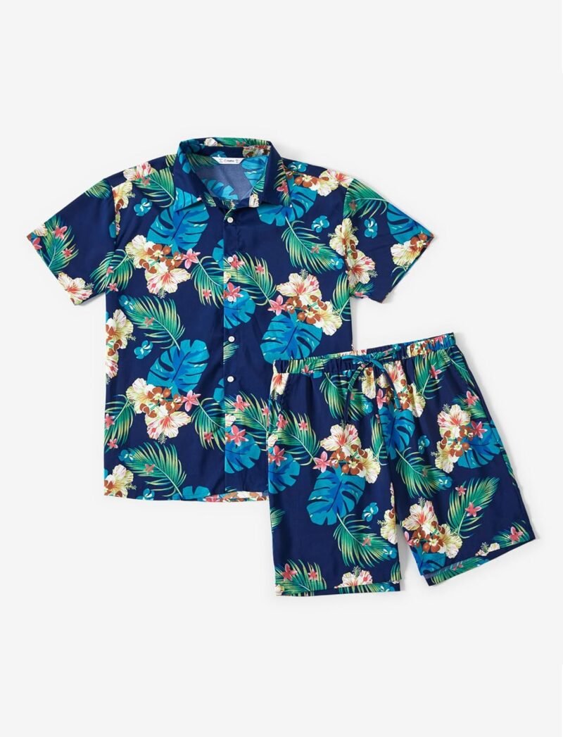 PATPAT Family Matching Outfits Hawaiian Dad and Me Beach Tropical Plant Allover Flower Print Shirt and Shorts Set - Image 2