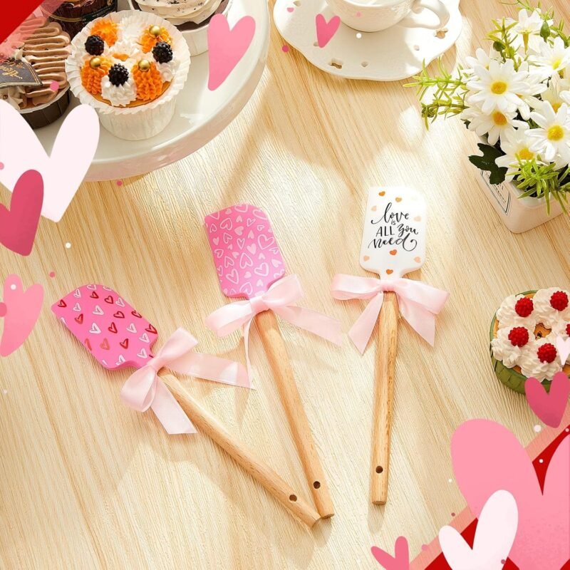 3 Pcs Valentine's Day Silicone Spatulas with Wooden Handles Valentine Pattern Heat Resistant Baking Silicone Spatulas with Pink Satin Ribbon Bows for Baking, Cooking and Sauteing - Image 4