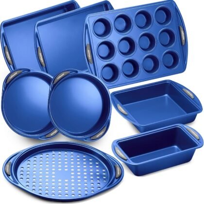 Caliente Nonstick Bakeware Set of 8 | Premium Baking Sheets, Loaf & Bread Baking Pans, Pizza, Roasting & Cake Pans | Durable Carbon Steel Baking Set | Housewarming, Wedding, Chefs & Bakers Gift
