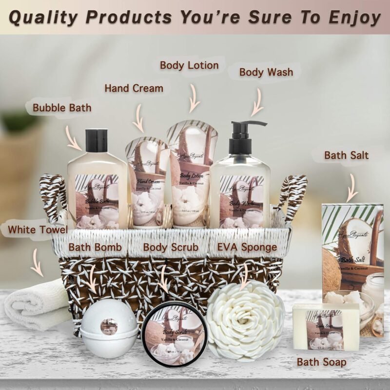 Spa Baskets For Women - Luxury Bath Set With Coconut & Vanilla - Spa Kit Includes Wash, Bubble Bath, Lotion, Bath Salts, Body Scrub, Hand Cream, Shower Puff, Bathbombs, Soap and Towel - Image 2