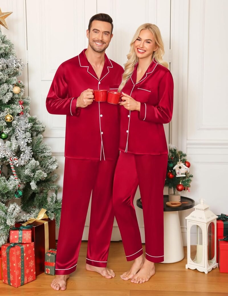 SWOMOG Couple Matching Pajamas Set Silk Satin Button Down Sleepwear Long Sleeve Nightwear 2 Pcs Pj Set - Image 2