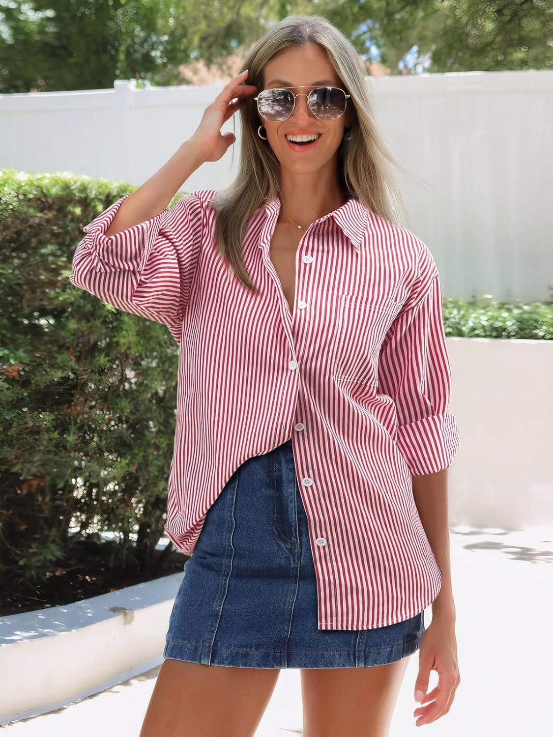 Women's Striped Long Sleeve Button Down Shirts V Neck Casual Tops Classic Office Work Blouses with Pocket - Image 2
