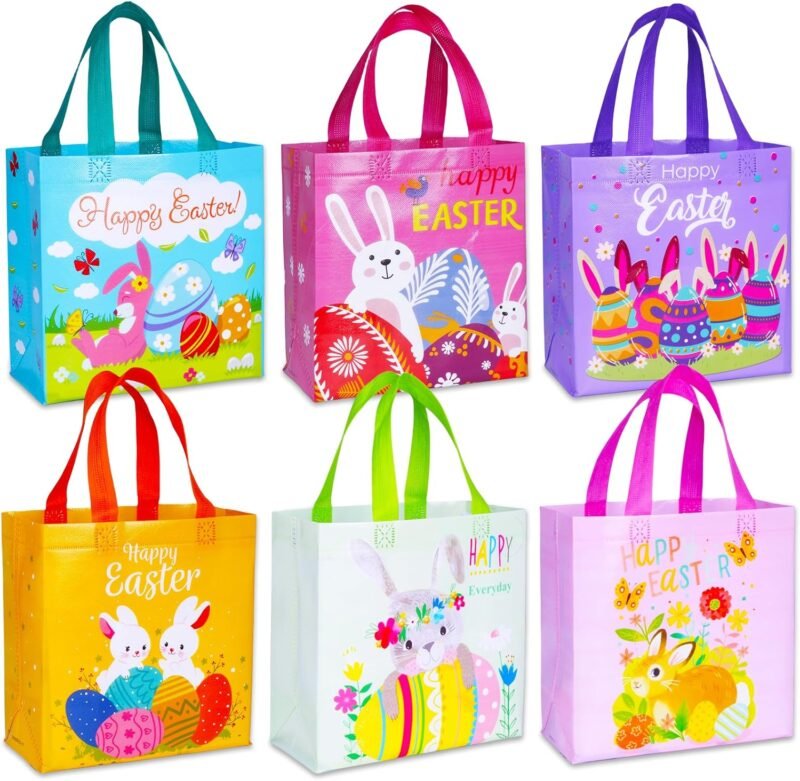 Happy Easter Egg Hunt Bags Bunny Carrot Chick Gift Bags with Handles, Treat Bags, Reusable Non-Woven Easter Bags for Gifts Wrapping, Party Supplies, Easter Basket Container, 9.1×8.7×4.5inch, 6-Piece
