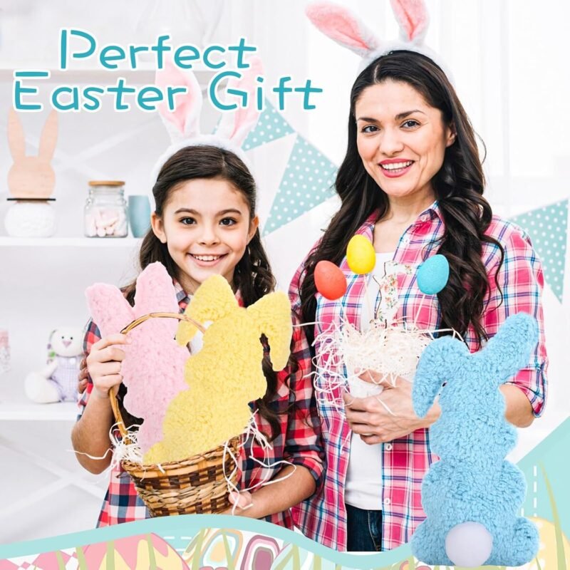 3 Pcs Easter Buuny Throw Pillows, 11.8 Inch Soft Rabbit Shaped Pillow Cushion Plush Happy Easter Decorative Pillow for Couch Bed (Pink, Yellow, Blue) - Image 4