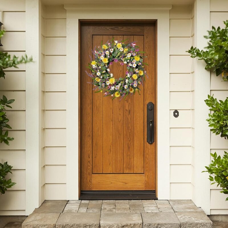 Sggvecsy Daisy and Lavender Wreath 24’’ Wildflower Wreath Spring and Summer Wreath Artificial Spring Wreath Silk Summer Wreath for Front Door Home Wall Wedding Festival Farmhouse Holiday Decor - Image 2