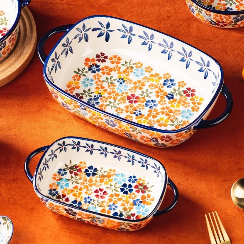 Retro pastoral style Ceramic Baking Dish Rectangular Bakeware Set Baking Pan, 2-piece Hand-painted Porcelain Baking pan with handle, Casserole Dish for Oven/Cooking/Kitchen (Colorful Flower) - Image 5